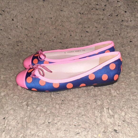 PRETTY BALLERINAS-Rosario-Neon Pink/Orange Polka Dots-Navy Blue-Sz 36-Near MInt - Picture 2 of 7